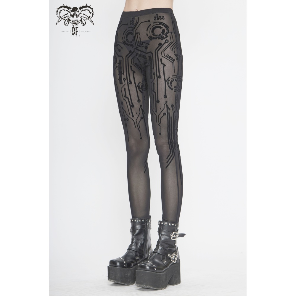 Devil Fashion - Cyberpunk Circuit Diagram Flocking Legging - Zwart